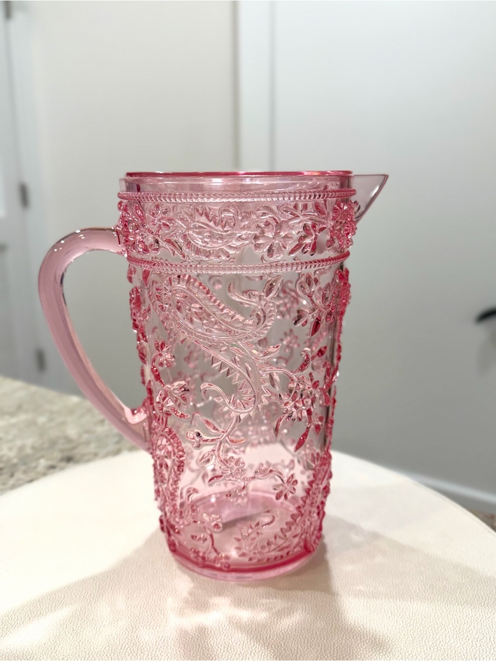 Pink Paisley Embossed Acrylic Pitcher Clear Floral Water Lemonade Serving Jug 9”